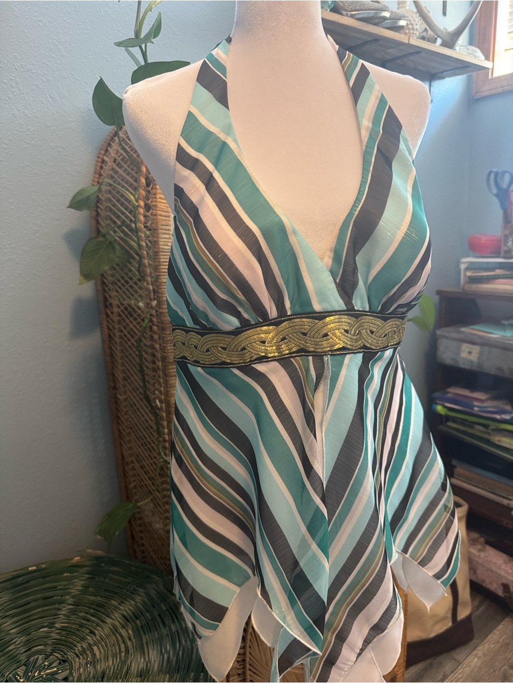 VTG Y2K Cache Handkerchief Hem Halter Top Teal StripedMetallic Gold Braid SZ 12